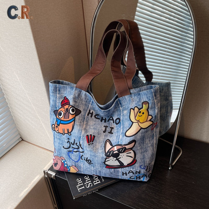 C.R.กระเป๋า Tote bags สไตล์เกาหลี | แคชชวลมิกซ์แอนด์แมตช์ | กระเป๋าผ้าลายการ์ตูนสีสันสดใส | กระเป๋าแม่ความจุใหญ่ | ของขวัญวันวาเลนไทน์