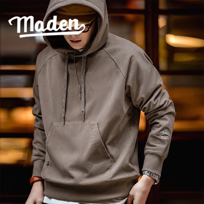 MADEN 2025 เสื้อสเวตเตอร์มีฮู้ดปักลายข้าวโพดย้อนยุคอเมริกันสําหรับผู้ชายใหม่ – เสื้อสวมหัวสีทึบอเนกประสงค์สําหรับฤดูใบไม้ร่วง