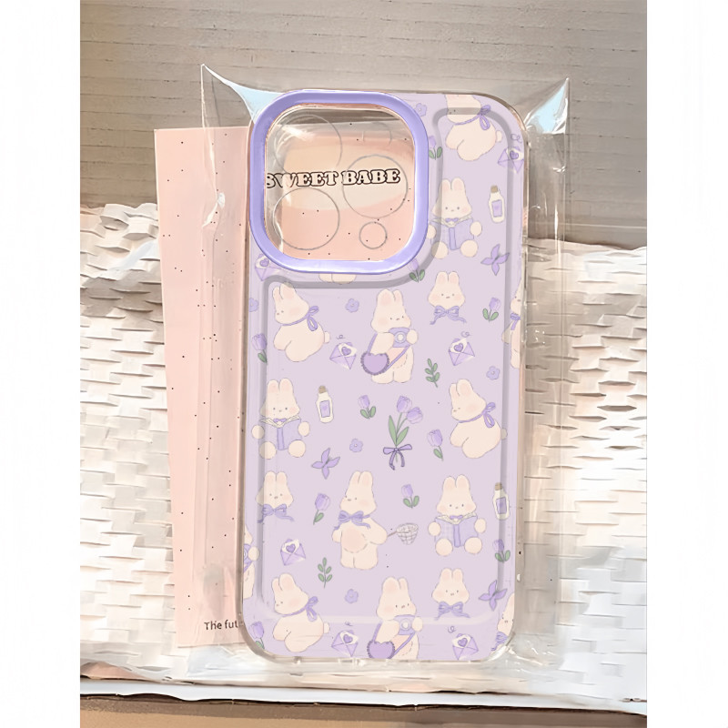 Ins น่ารักดอกไม้สีม่วงกระต่ายตลกนุ่มโปร่งใส Anti-Fall เคสโทรศัพท์สําหรับ iPhone 16 Promax 15 Promax 12 13 Mini 14plus 11 Pro Max X XS XR XS Max 7 8 plus Se2020 6G 6Plus