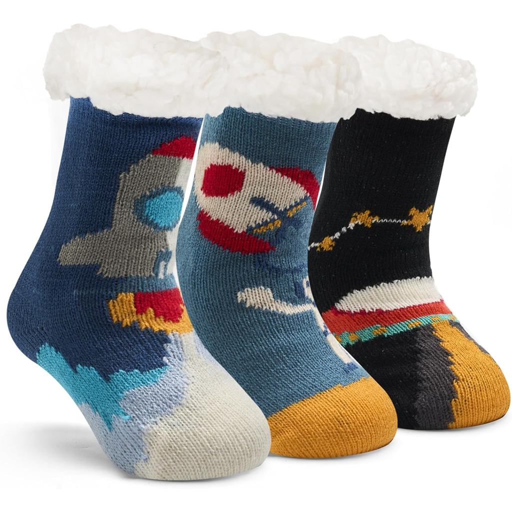 Boys Fuzzy Socks Winter Warm Socks for Kids Girls Fluffy Floor Socks with Grips for Home 3 Pack