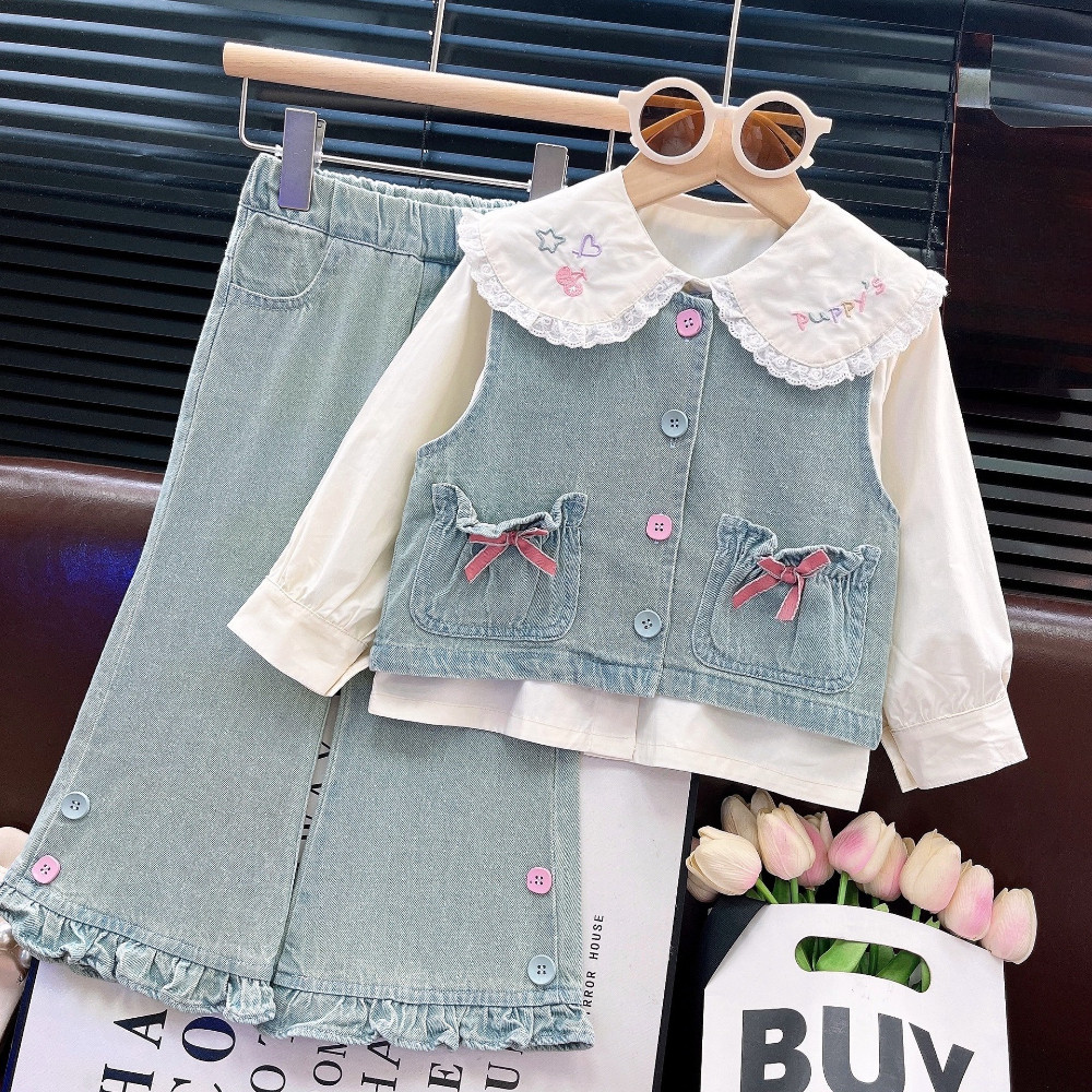 Bear Leader Casual Long Sleeved Lace Embroidered Shirt + Bow Vest + Jeans Three Piece Set Spring and Autumn Girls Clothes - รูปที่ 2