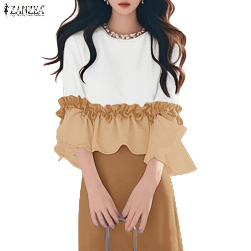 ZANZEA เสื้อครึ่งแขนสำหรับผู้หญิง สไตล์เกาหลี ลายสีทึบ ดีไซน์สบายๆ