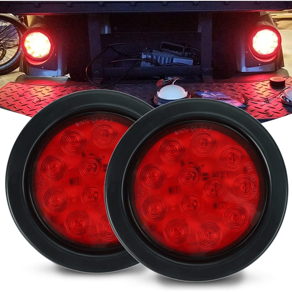 2Pcs 4" Round Red LED Trailer Tail Lights, Grommet Plug 12 LED Waterproof Stop Turn Signal Stop Brak