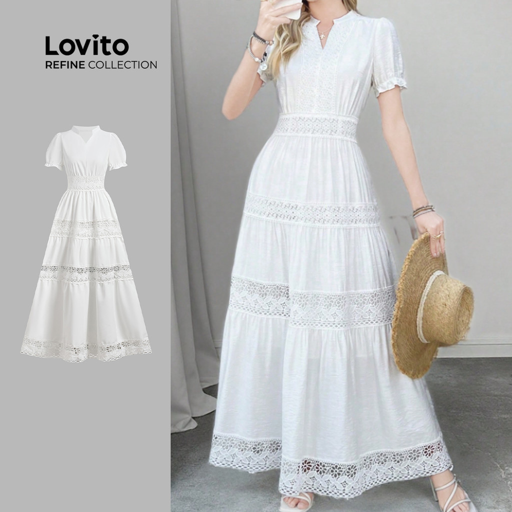 (Lovito Refine) ชุดเดรสโบฮ์ ผ้าผูก ตกแต่งด้วยเย็บฝีมือ ช่วงฤดูใบไม้ผลิ/ฤดูร้อน สีขาว สำหรับผู้หญิง LR21ED007