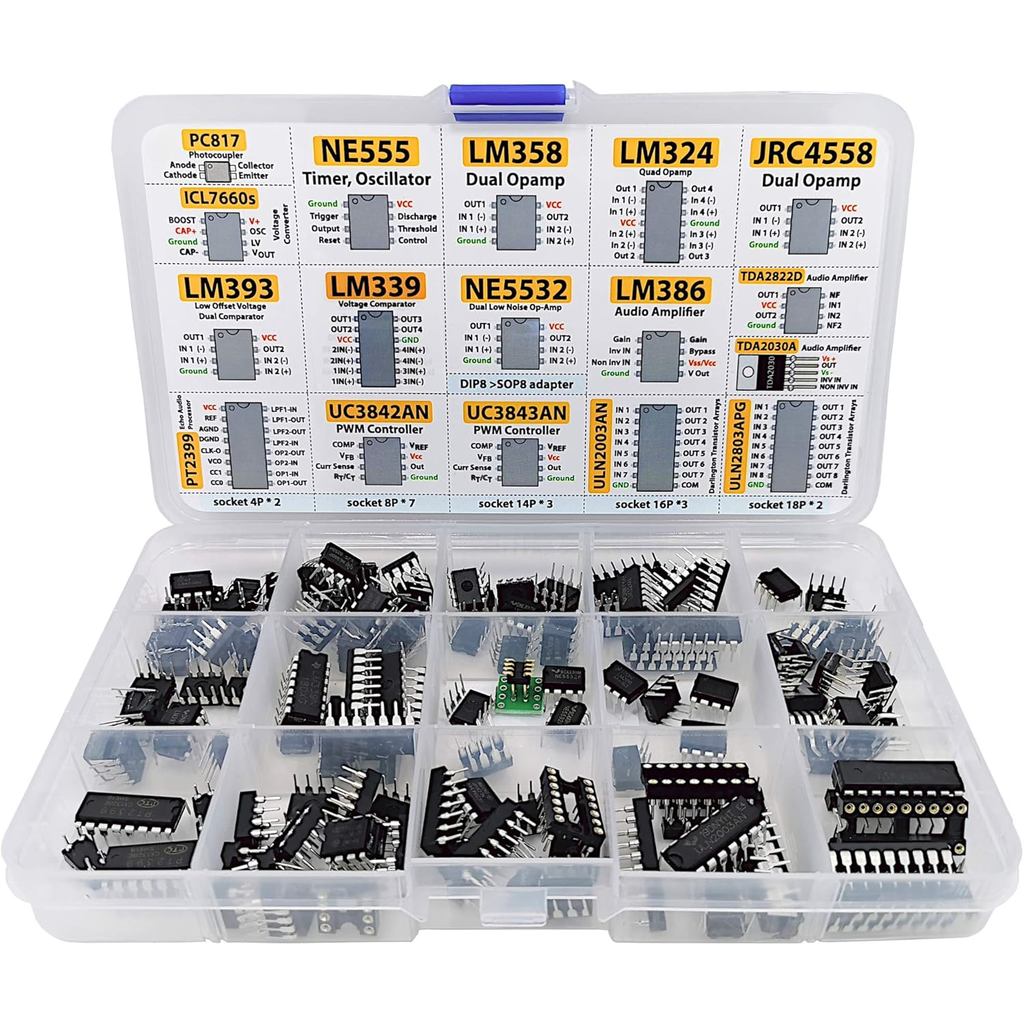 XL IC Chip Assortment 150 pcs, opamp, oscillator, pwm, PC817, NE555, LM358, LM324, JRC4558, LM393, L