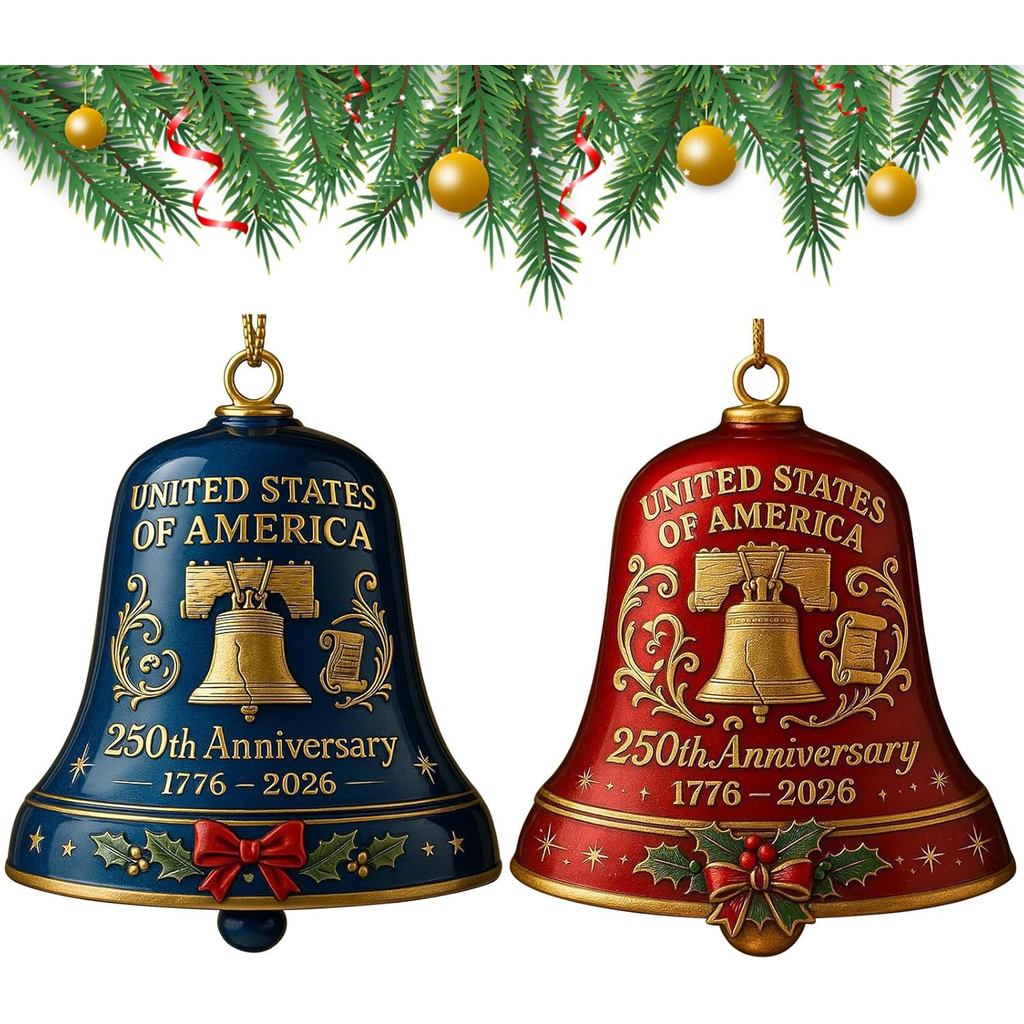 2PC United States 250th Anniversary Bell Ornament, 3D 250th Anniversary USA Ornament, Handmade Metal