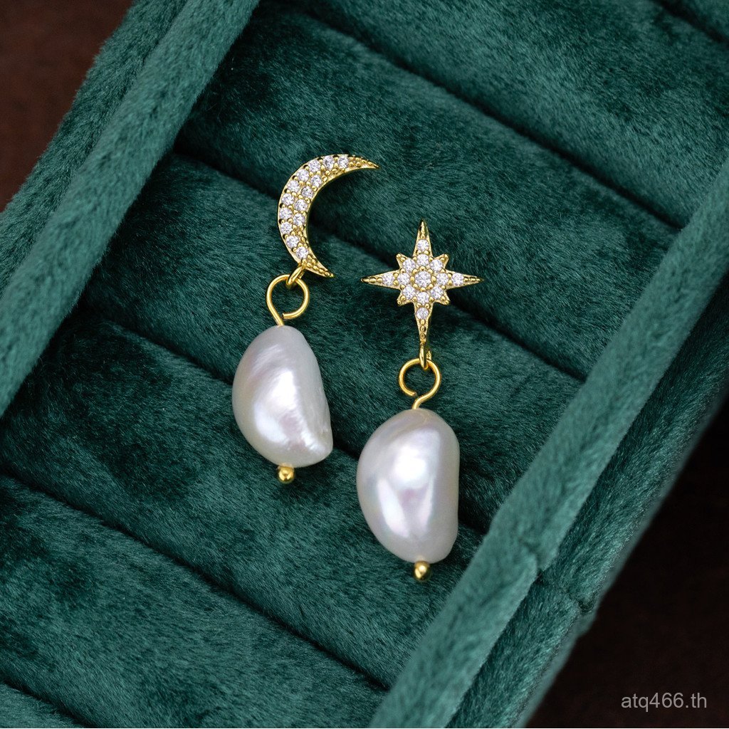 ธรรมชาติน้ําจืดขายส่ง Niche เงินสเตอร์ลิง Micro-Inlaid Star Moon ต่างหู Pearl Star เพชรไม่สมมาตร 925