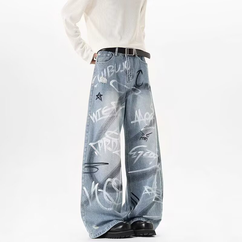 Suikone กางเกงยีนส์ผู้ชาย สไตล์อเมริกัน Street style Fun Graffiti design คุณภาพสูง Unisex fit — صورة 2
