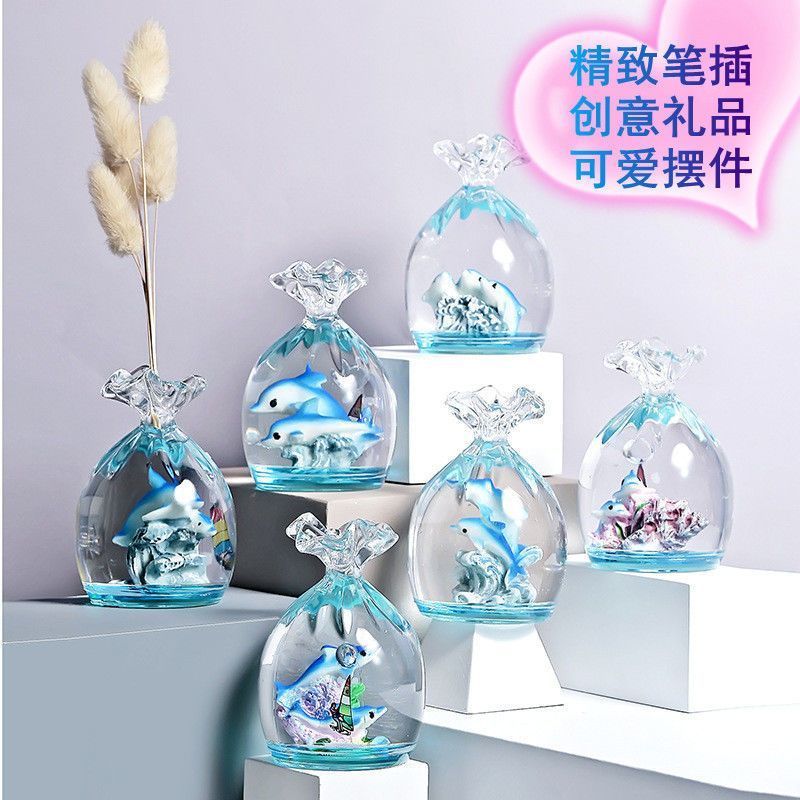 创意闺蜜生日情人节礼物海豚发光亚克力水晶笔插立体桌面摆件装饰Home Living Room, Office, Workstation, Desktop, Mood Stabilizing Decor