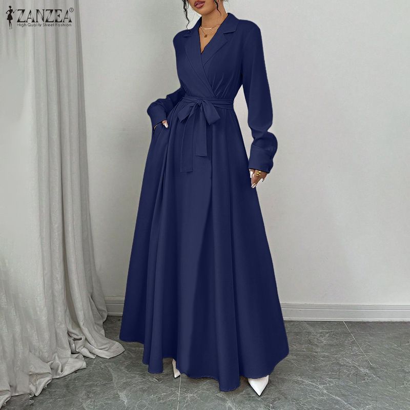 ZANZEA ชุดเดรส A-Line วินเทจสําหรับผู้หญิงปกแขนยาวผูกเชือกหรูหราขั้นสูง — صورة 5