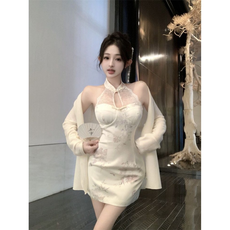 ใหม่สไตล์จีนแห่งชาติ กี่เพ้า สลิงชุดหญิงก้นที่สวยงามเล็กๆน้อยๆแม่กระโปรงลูกไม้ ชม. เปลี่ยนแปลง หลอดด้านบนกระโปรง