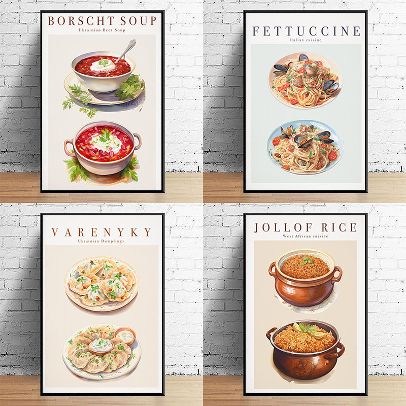 อาหาร Jollof ข้าวอาหารทะเล Fettucini เกี๊ยว Egusi ซุปโปสเตอร์ภาพห้องครัวภาพวาดผ้าใบ