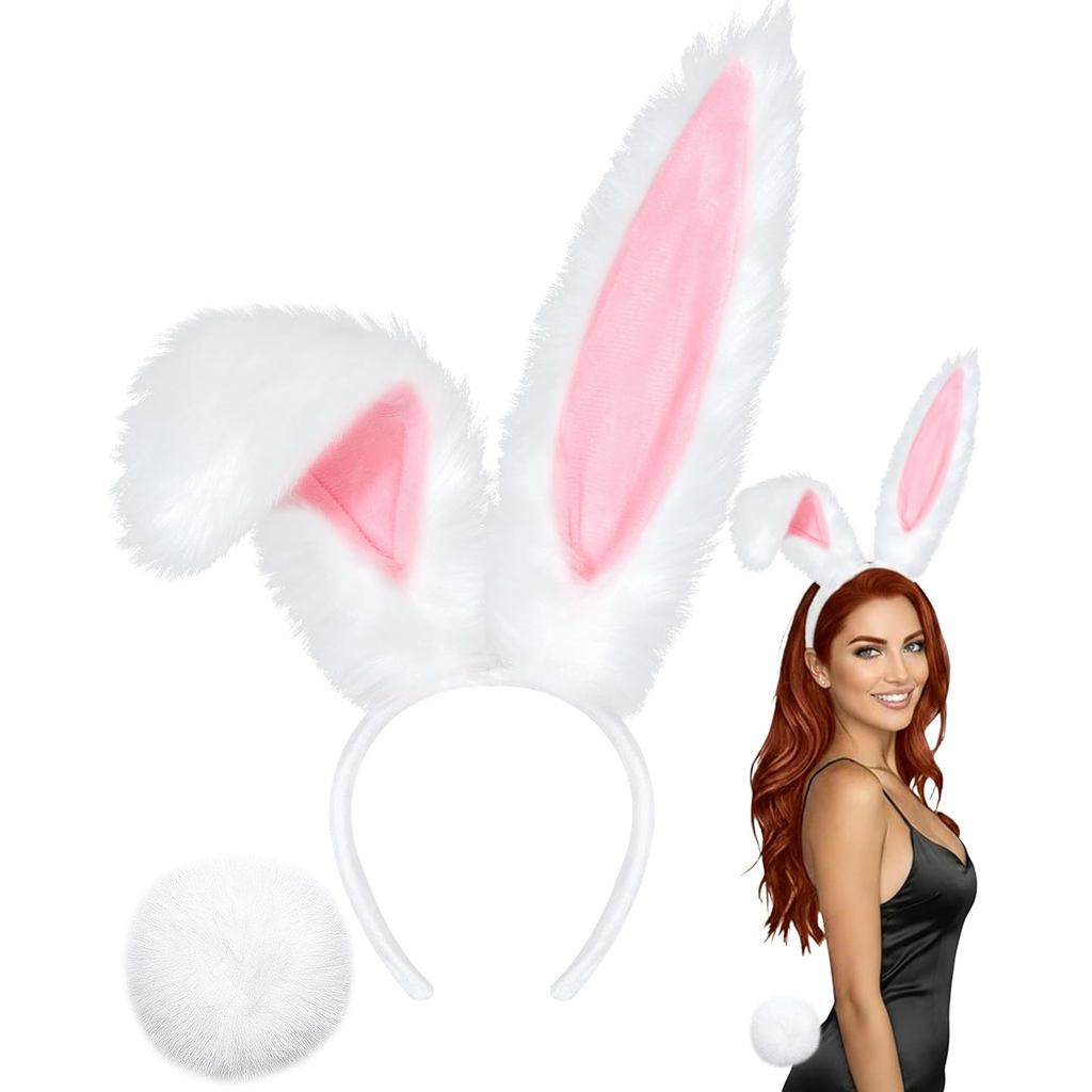 U-Goforst Bunny Ears Headbands and Tail, Bunny Costume Long Furry Rabbit Ear Headband, Halloween Par