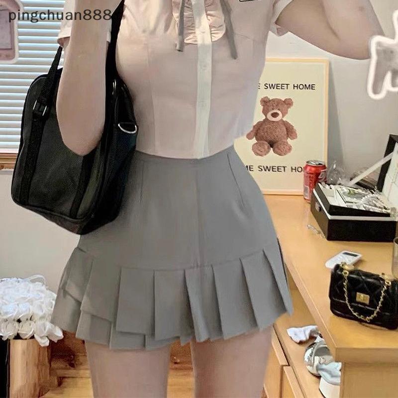 Pingchuan888 เด็กนักเรียนสไตล์จีบกระโปรง Jk ชุดกระโปรง Midi กระโปรงฤดูใบไม้ผลิ/ฤดูร้อนกระโปรงสั้นฤดู