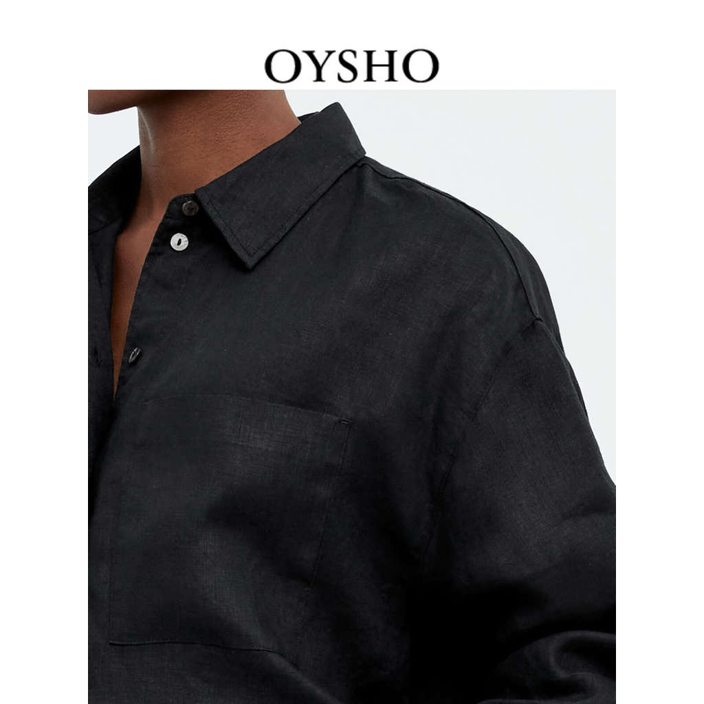 Oysho เสื้อแขนยาวผ้าลินิน สีดำสบาย อเนกประสงค์ เหมาะสำหรับวันหยุดพักผ่อนและวันสบาย ๆ