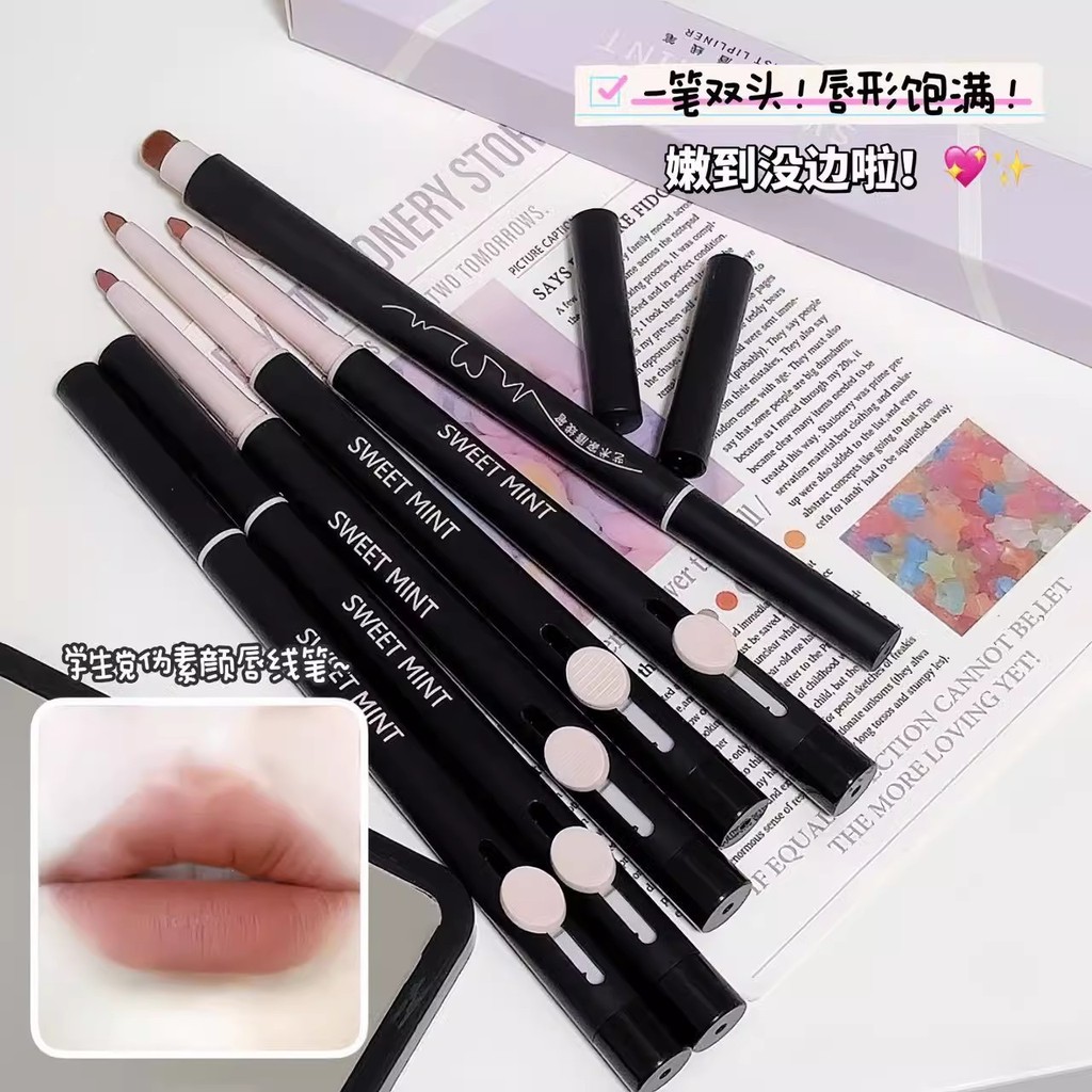 SWEET MINT Artist Double-Headed Lip Liner ความอิ่มตัวต่ํา Natural Matte พร้อมแปรงลิป Hook Liner นักเ