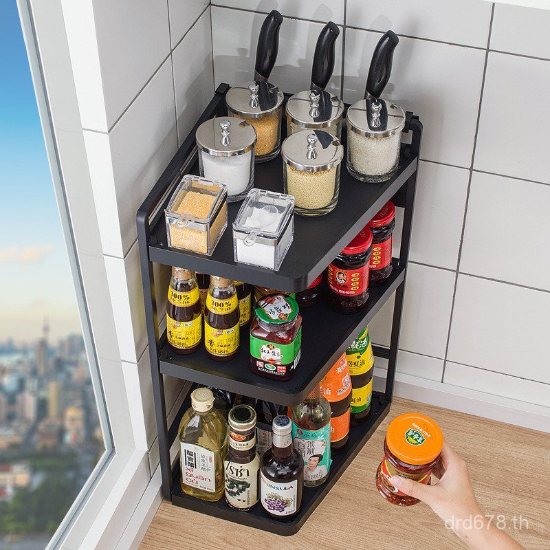 มัลติฟังก์ชั่สีดําหลายชั้นครัวเรือนสแตนเลสมุมชั้นเก็บชั้นเก็บเคาน์เตอร์ปรุงรสชั้นวางเครื่องปรุงครัว 