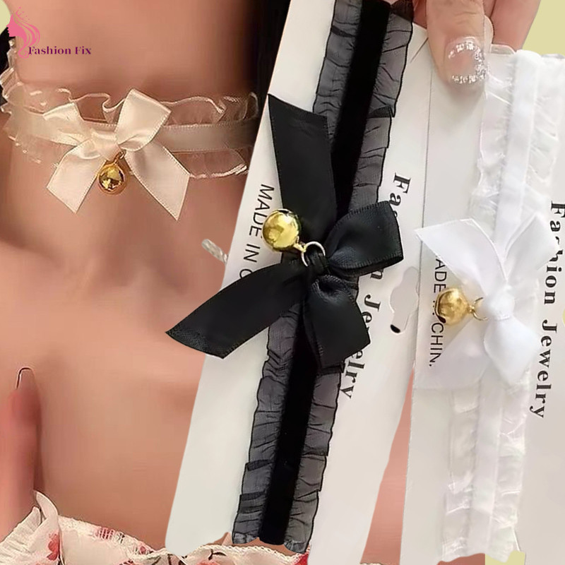 [FSH] สร้อยคอมีระฆังและสายโซ่ ตกแต่งด้วยลูกไม้โบว์ สไตล์แฟชั่นสำหรับผู้หญิง พร้อมปรับขนาดได้