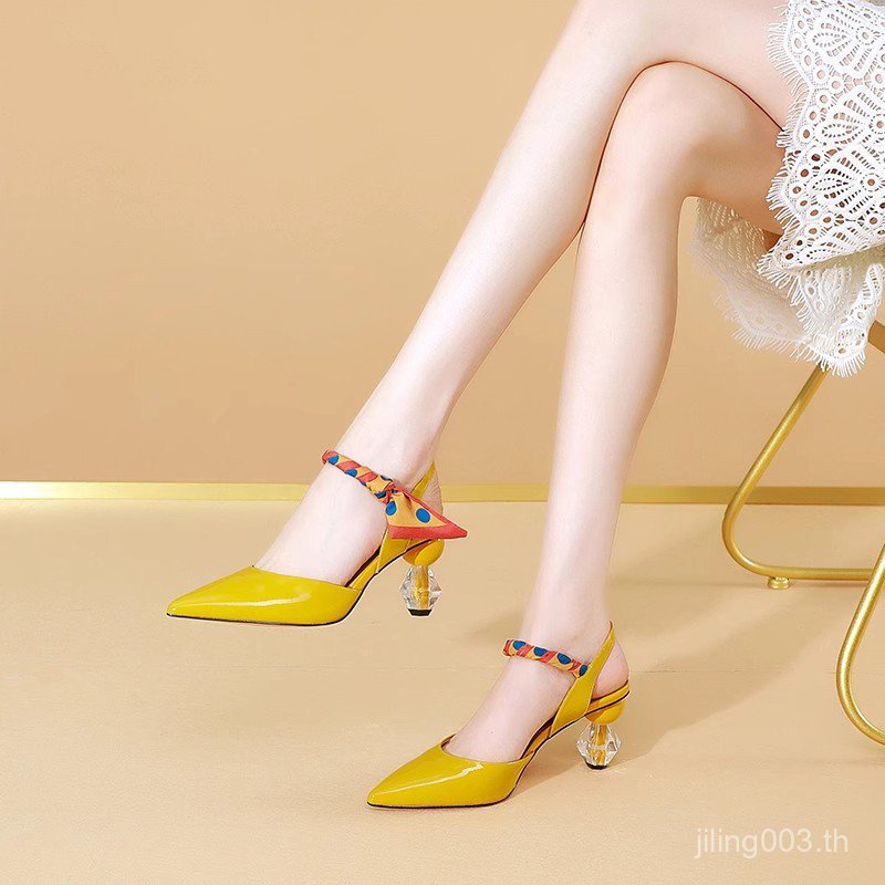 รองเท้าแตะผู้หญิงส้นสูงโปร่งใสมีสายคล้องคอดีไซน์ใหม่ สไตล์ toe-covered และหัวพ้อย หนังแท้ดูหรูหรา 2A