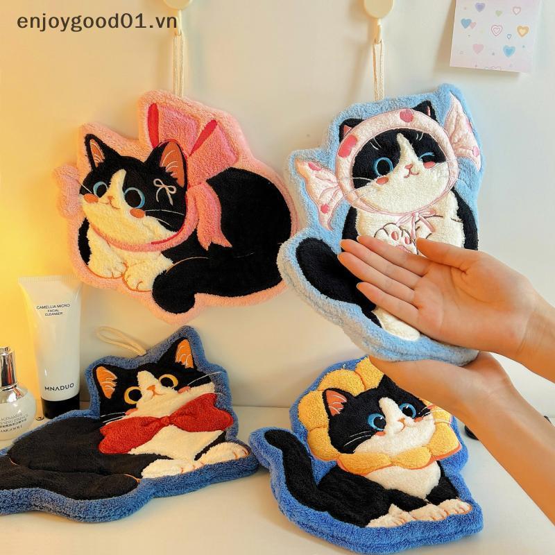{ ENJOY VN } ผ้าเช็ดมือกํามะหยี่ปะการังการ์ตูนสําหรับห้องครัว Kawaii Cat Hand Wipe ผ้าทําความสะอาดห้