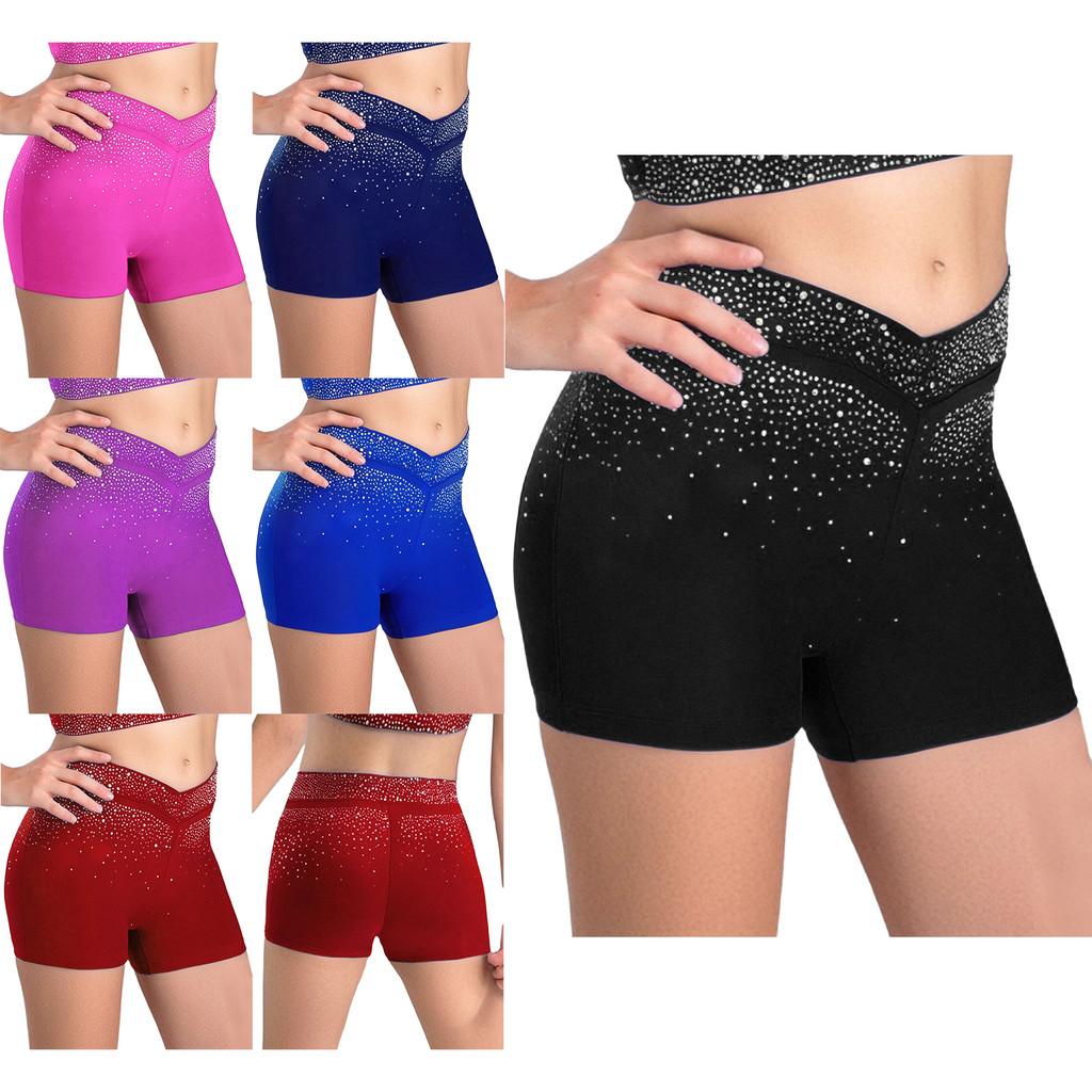 Yeahdor เด็กผู้หญิงประกาย Rhinestones V-Front Elastic Waistband กางเกงขาสั้นสําหรับสเก็ตเต้นรํายิมนาสติก Acrobactics Performance