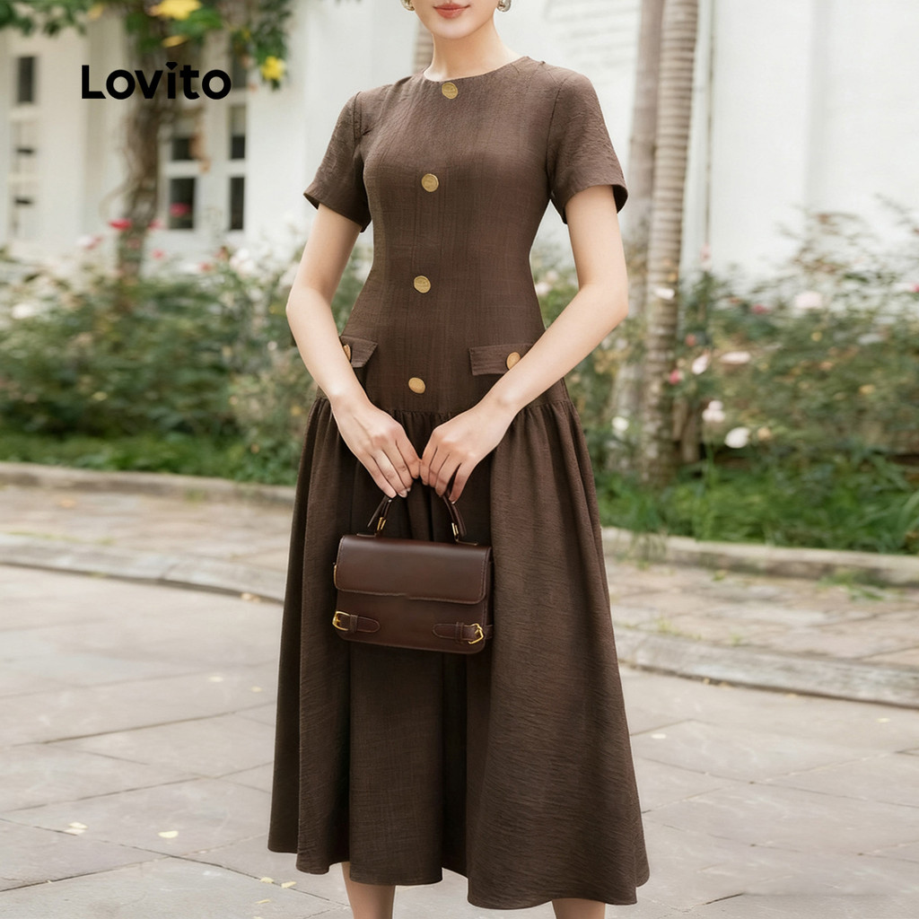 Lovito ชุดเดรสผู้หญิงสีน้ําตาลมอคค่า สไตล์หรูหรา กระดุมหน้า สําหรับฤดูใบไม้ผลิ ฤดูร้อน L165ED156 ราคา ถูกที่สุด ดีลบีเคเค แกลเลอรีภาพที่ 2