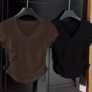 สาวลดอายุ ความรู้สึกของการออกแบบ แต่งจีบย่น เสื้อจั๊มเอว ใส่แล้วเพรียว แขนสั้น เสื้อเชิ้ตเอวลอยผู้หญิง แฟชั่นฤดูร้อน ทรง