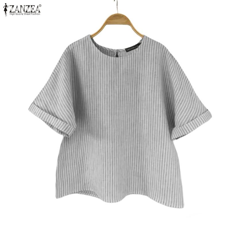 ZANZEA ซานเซีย เสื้อเบลาส์คอกลมแขนสั้นลายทางแฟชั่นเกาหลีสําหรับผู้หญิง