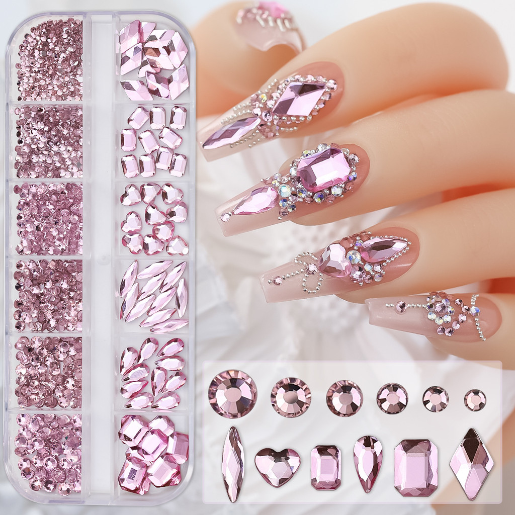 12Grids สีชมพูผสม Rhinestones หรูหรา Charms Glitter คริสตัลอัญมณีตกแต่งเล็บ DIY ไม่มีกาว
