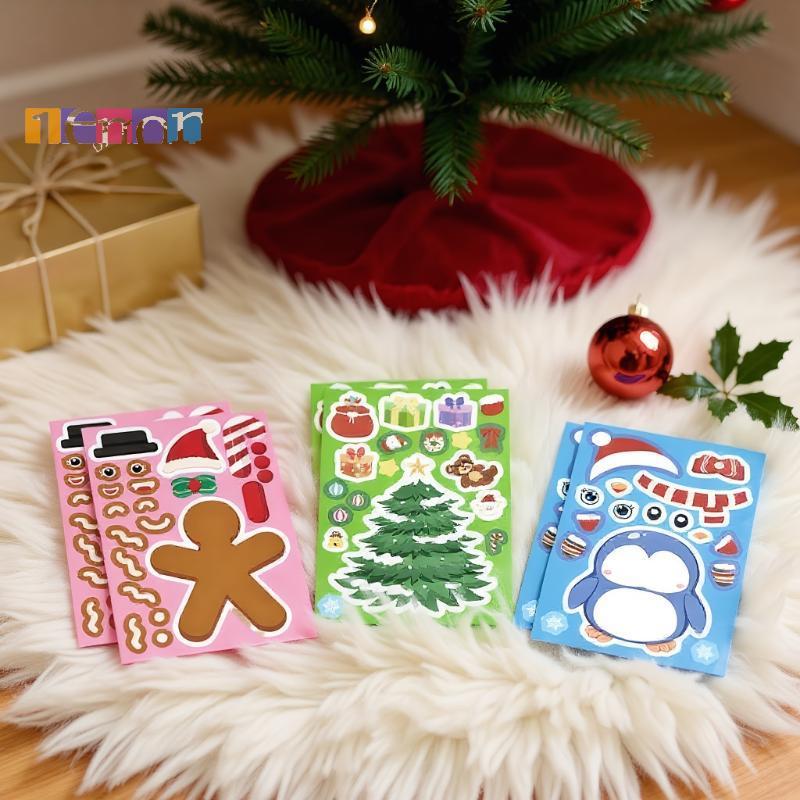 [Lemon] 8 แผ่นของเล่นตกแต่งปาร์ตี้สําหรับเด็กสติกเกอร์ปริศนาคริสต์มาสสร้างซานตาคลอสของคุณเอง DIY Mak