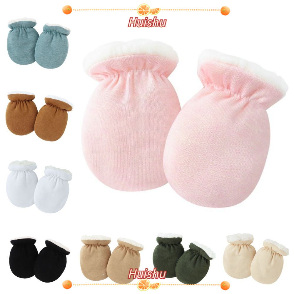ถุงมือทารก HUISHU กันข่วน หนานุ่มเหมือนขนแกะ สีทึบสำหรับทารก 0-1 ปี ใช้ได้ในฤดูใบไม้ร่วงและฤดูหนาว