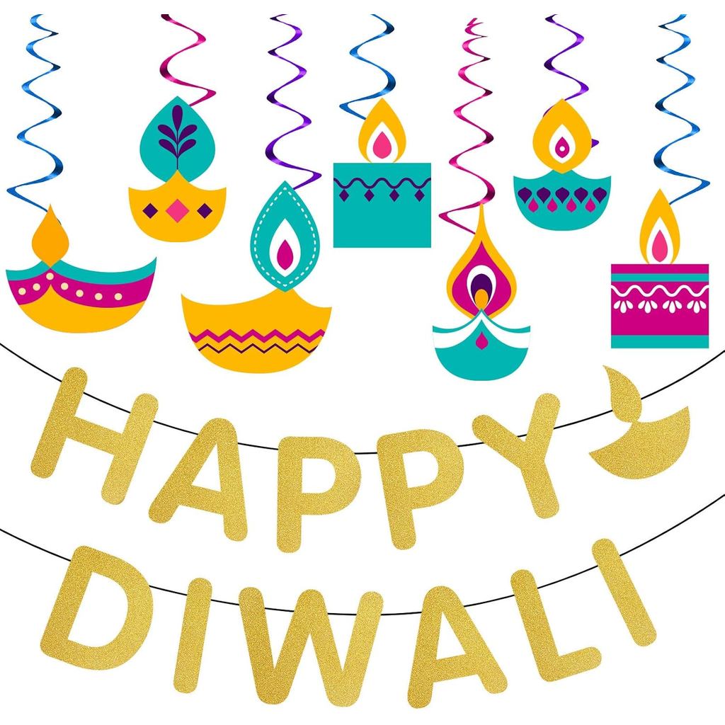 Funnlot Diwali ตกแต่งสําหรับปาร์ตี้ 15 ชิ้น Diwali ตกแต่งสําหรับบ้าน Glitter Happy Diwali แบนเนอร์ D