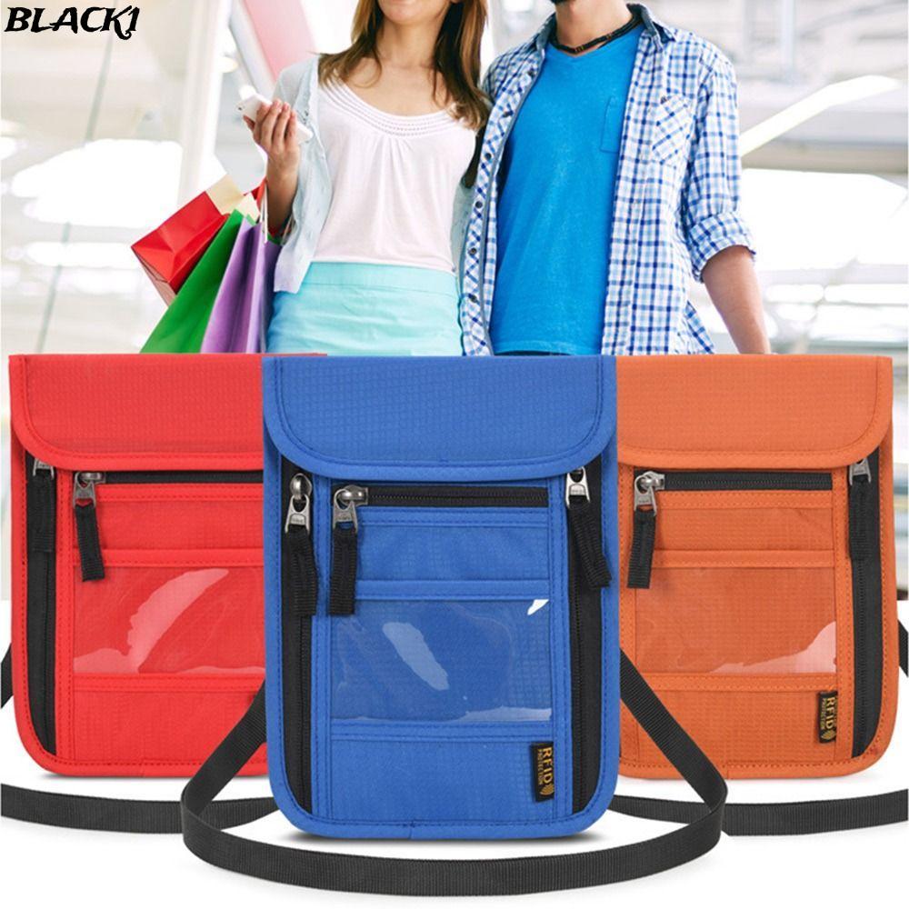 กระเป๋าสตางค์คอสีดํา Slim Minimalist พร้อมสายคล้องคอแบบปรับได้ RFID Blocking