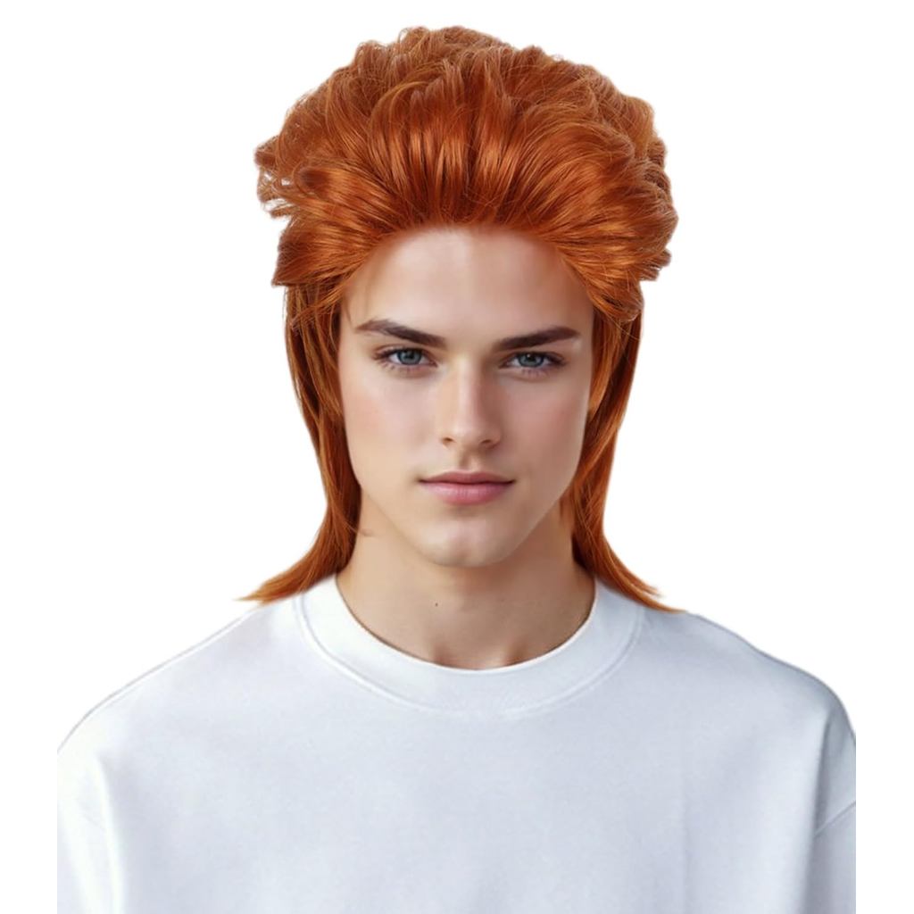 Tzncos Long red brown Mullet Wig Style Heavy Metal Disco 70s 80s Costume For Men Women Spiked Rocker