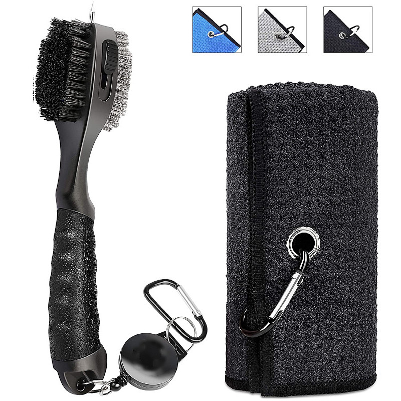 Golf Towel Fine Fiber Waffle Pattern Golf Brush and Retractable Zipper Aluminium Hook Set ld666