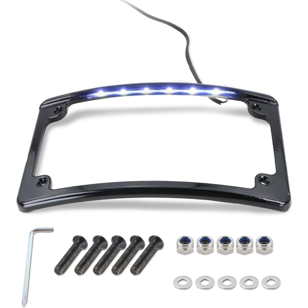Curved LED License Plate Frame with Light Compatible with Harley Davidson 4" x 7" License Plate (Bla