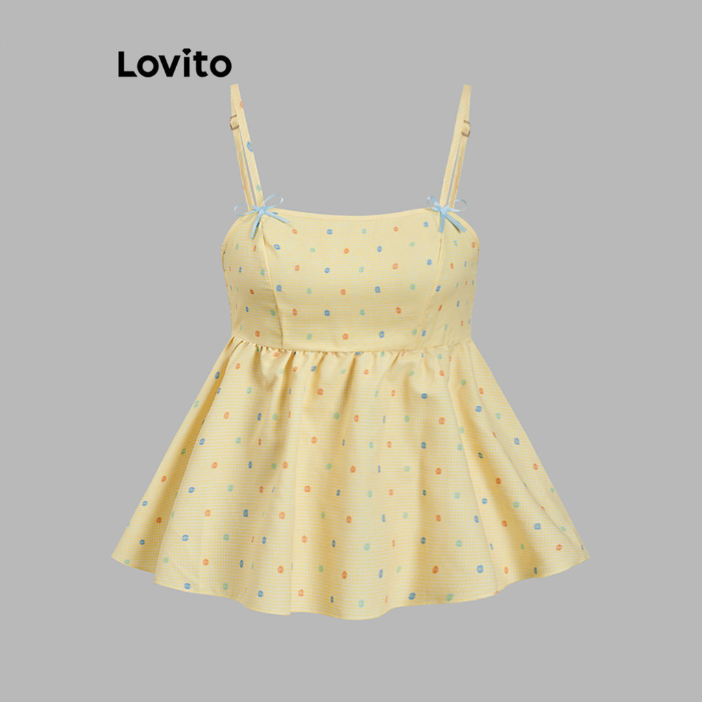 Lovito เสื้อกล้ามน่ารัก เสื้อกล้ามโบว์ผูกเชือกลายจุดสําหรับผู้หญิง L117AD0297