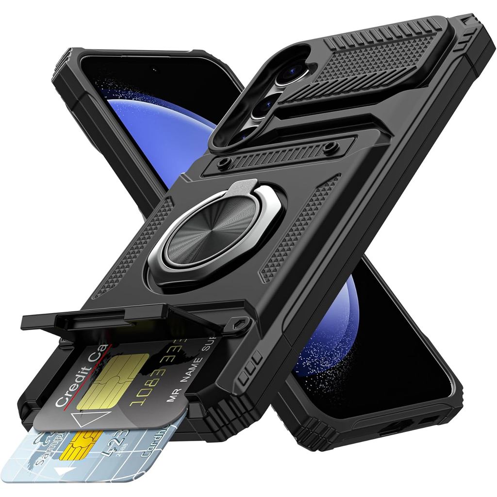Vofolen for Samsung Galaxy S23 FE Case with Card Holder [Store 2 Cards] + 360° Rotated Ring Kickstan