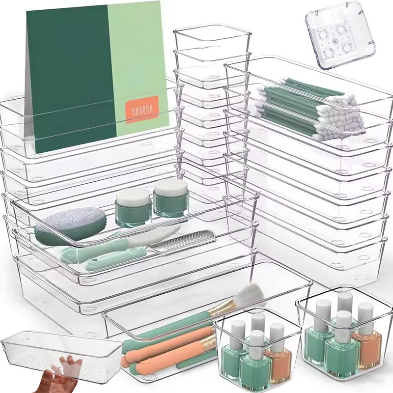 กล่องเก็บของใสพลาสติก 4 ขนาด - ถาดแบ่งวางซ้อนกันได้กันลื่น Home Drawer Organizer