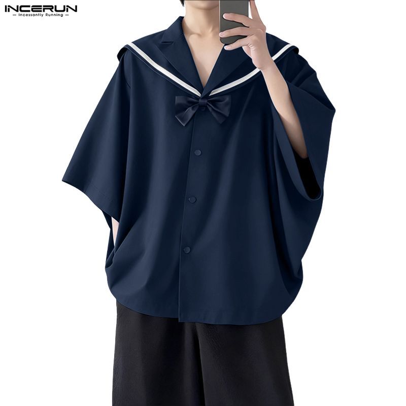 INCERUN ผู้ชายเกาหลี Academy สไตล์กองทัพเรือคอปก 3/4 แขน Contrast Edge หลวม Fit เสื้อ