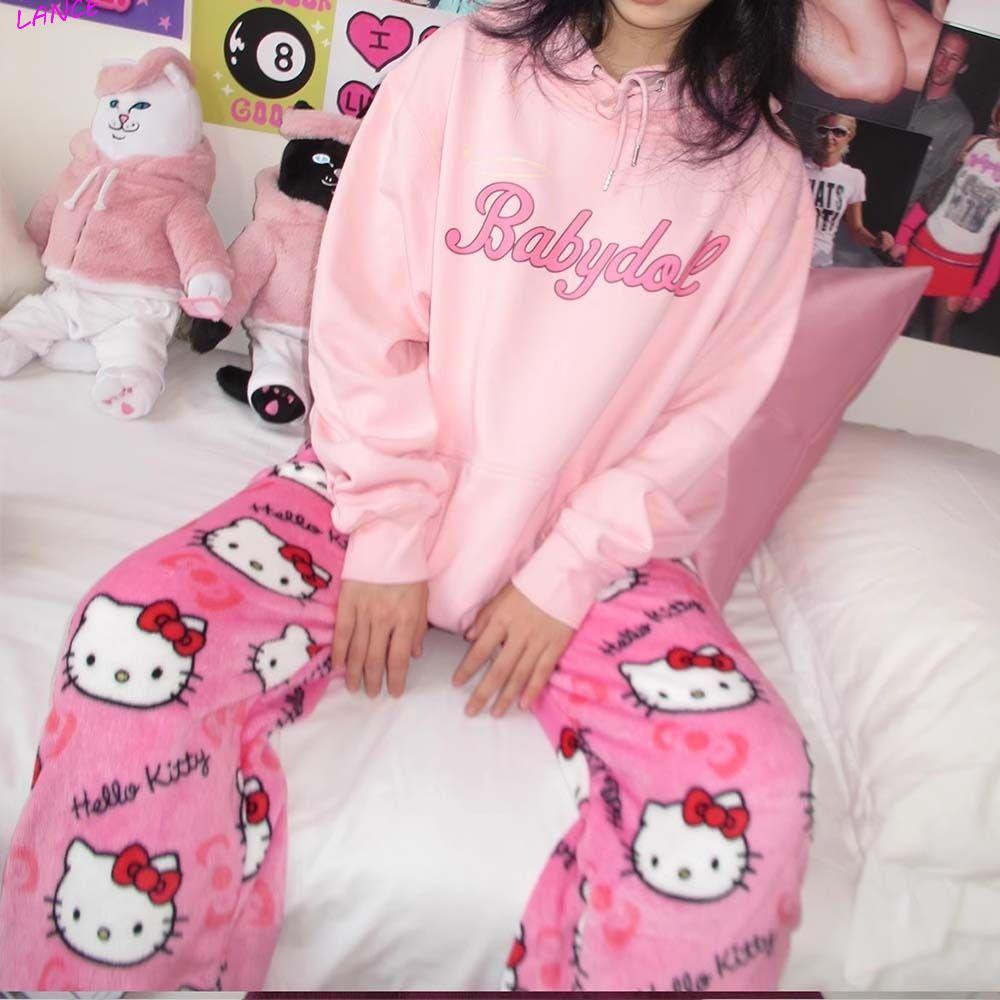 กางเกงนอนลายคิตตี้แมว กางเกงขนแกะลายปะการังการ์ตูน สำหรับฤดูหนาว สบาย ๆ ในบ้าน