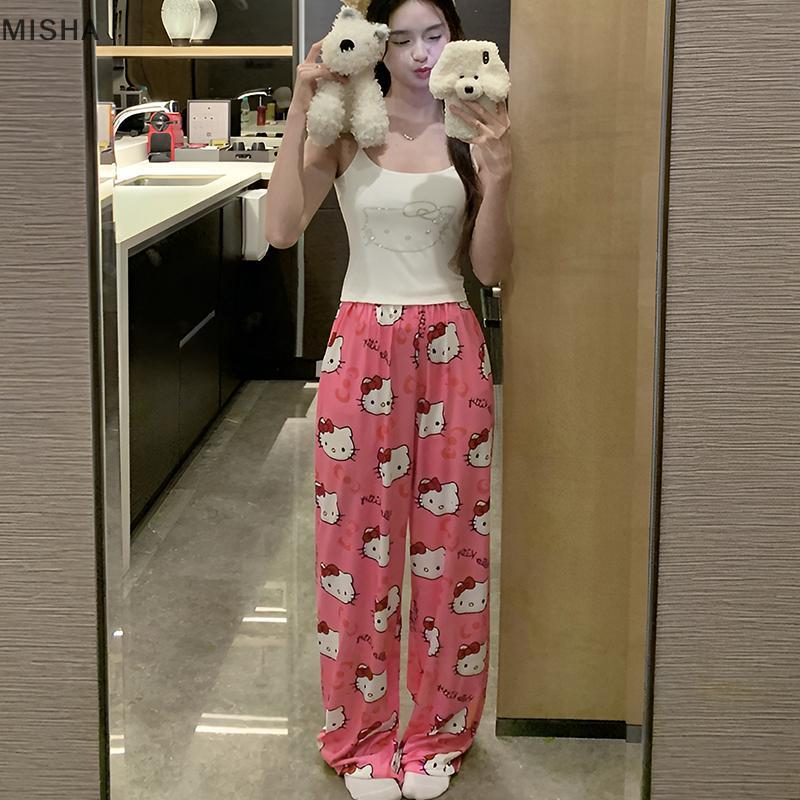 Misa ชุดนอนชุดผู้หญิงฤดูร้อนการ์ตูน Camisole และกางเกงขากว้าง Sweet Home 2 ชิ้นชุดหน้าอก Pad Nice