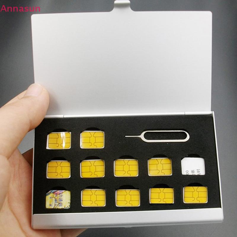 Annasun 12-Slots-NANO+1-Slot-Card-Pin อลูมิเนียมแบบพกพา SIM Micro Pin ซิมการ์ด Nano การ์ดหน่วยความจํ
