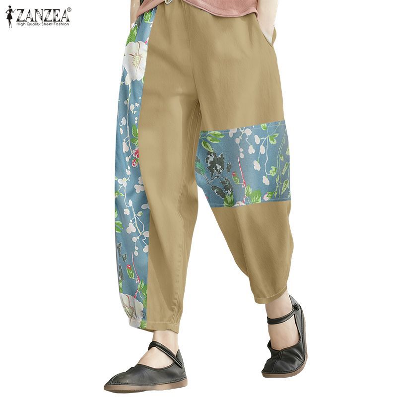 ZANZEA ใส่ ซานเซีย ผู้หญิงเกาหลีวินเทจสไตล์อภิบาลเอวยางยืดพิมพ์ลายดอกไม้กางเกงหลวมแครอท