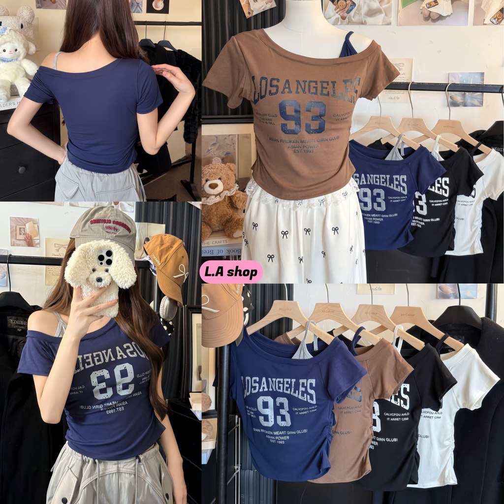 L.A Shop★เสื้อคุณภาพดี เสื้อแขนสั้นเปิดไหล่คาวาอี้ มีฟองน้ำ ทรงรัดพอดี ผ้าใส่สบาย "FY722"