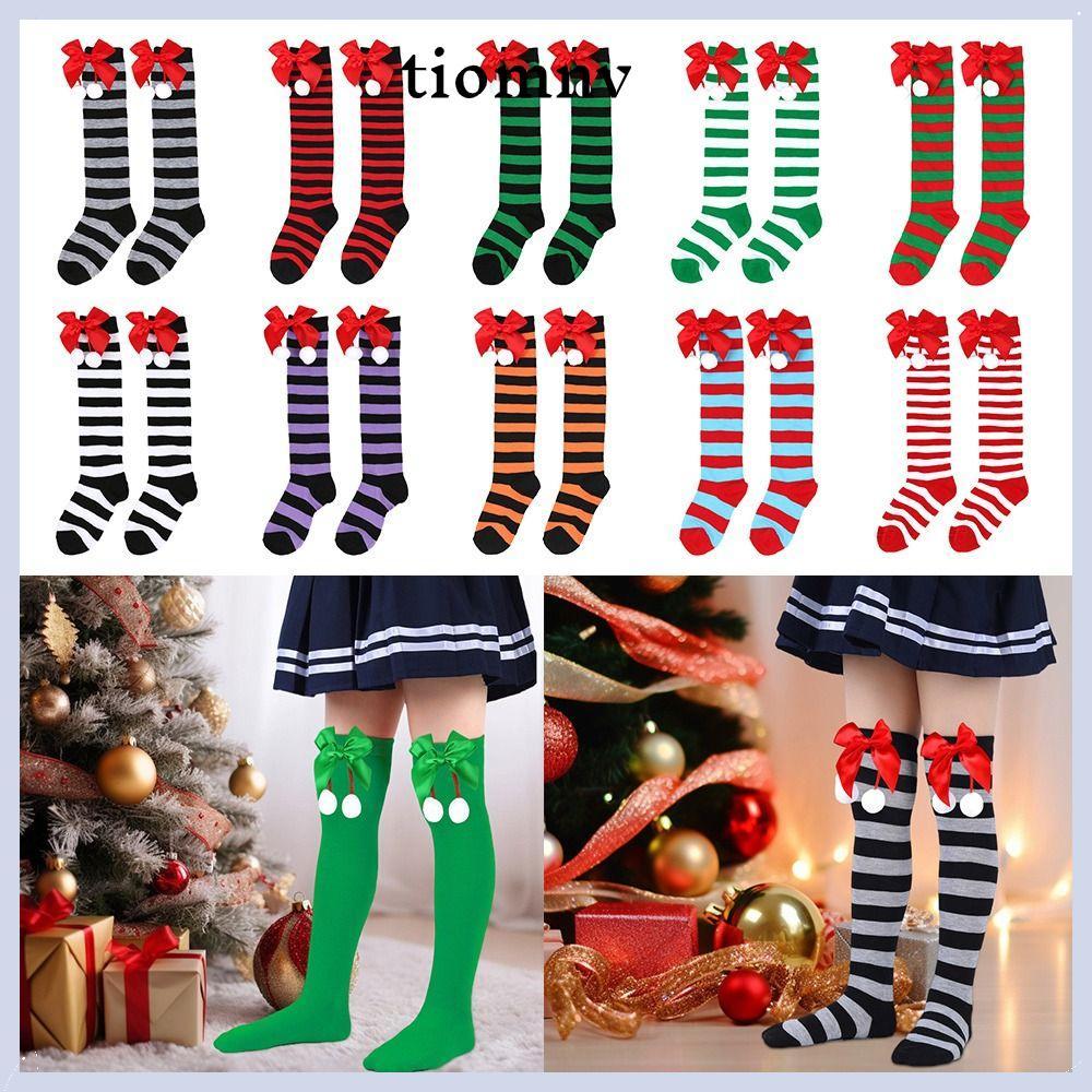 TIOMNVTH ถุงเท้าคริสต์มาส, Anti Friction โพลีเอสเตอร์ Christmas Stocking, Soft Bow Hair Ball Stripe 