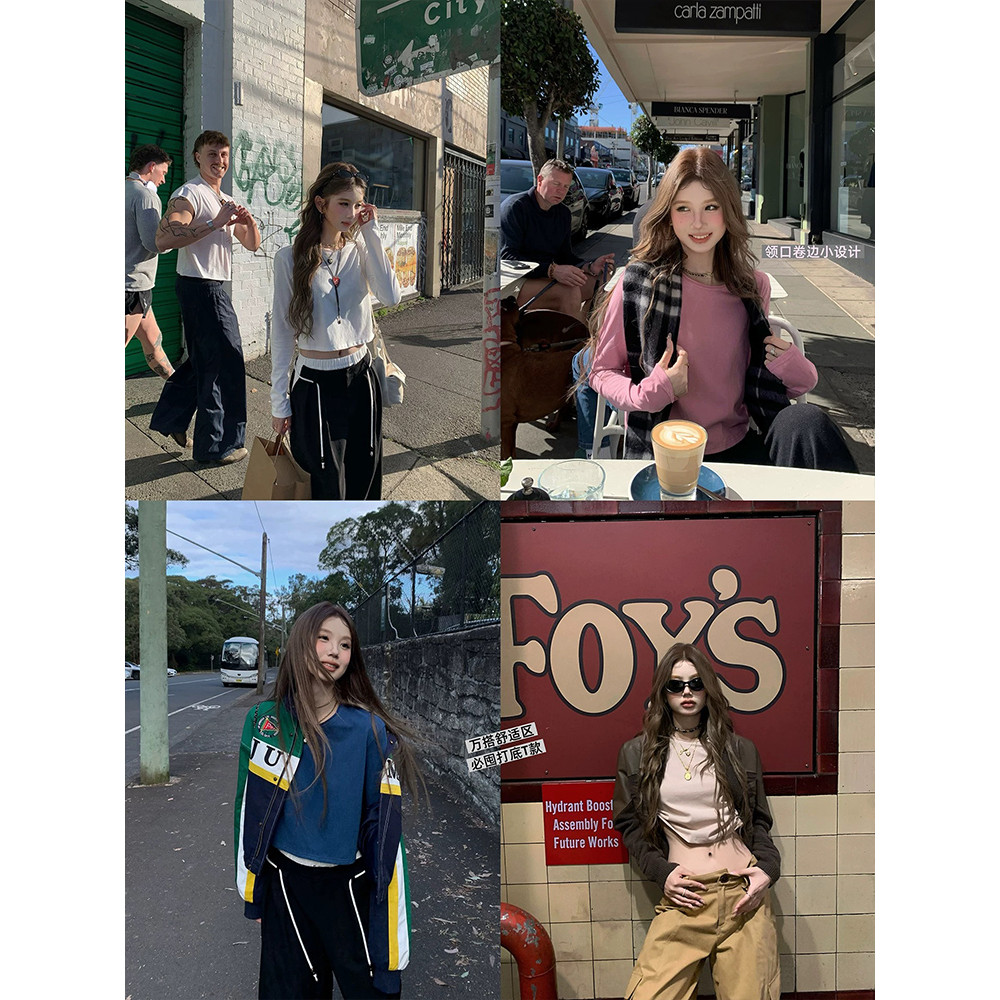 <Moses Queen> เสื้อยืดยาวแขนยาวคอกลมสีขาวสไตล์ลำลอง ใส่ง่ายช่วงฤดูใบไม้ร่วงและฤดูหนาว สไตล์เรียบง่ายช่วยให้ดูผอม ท่อนบนสั้น