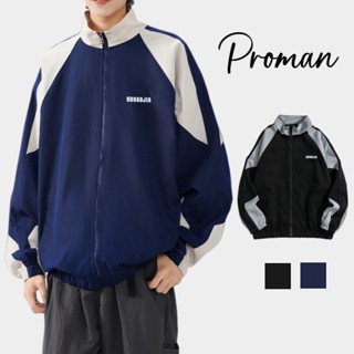 ⚡PROMAN⚡ แจ็คเก็ตสีดำและเทา ดีไซน์คอนทราสท์ ทรงหลวมสวมใส่ง่า…