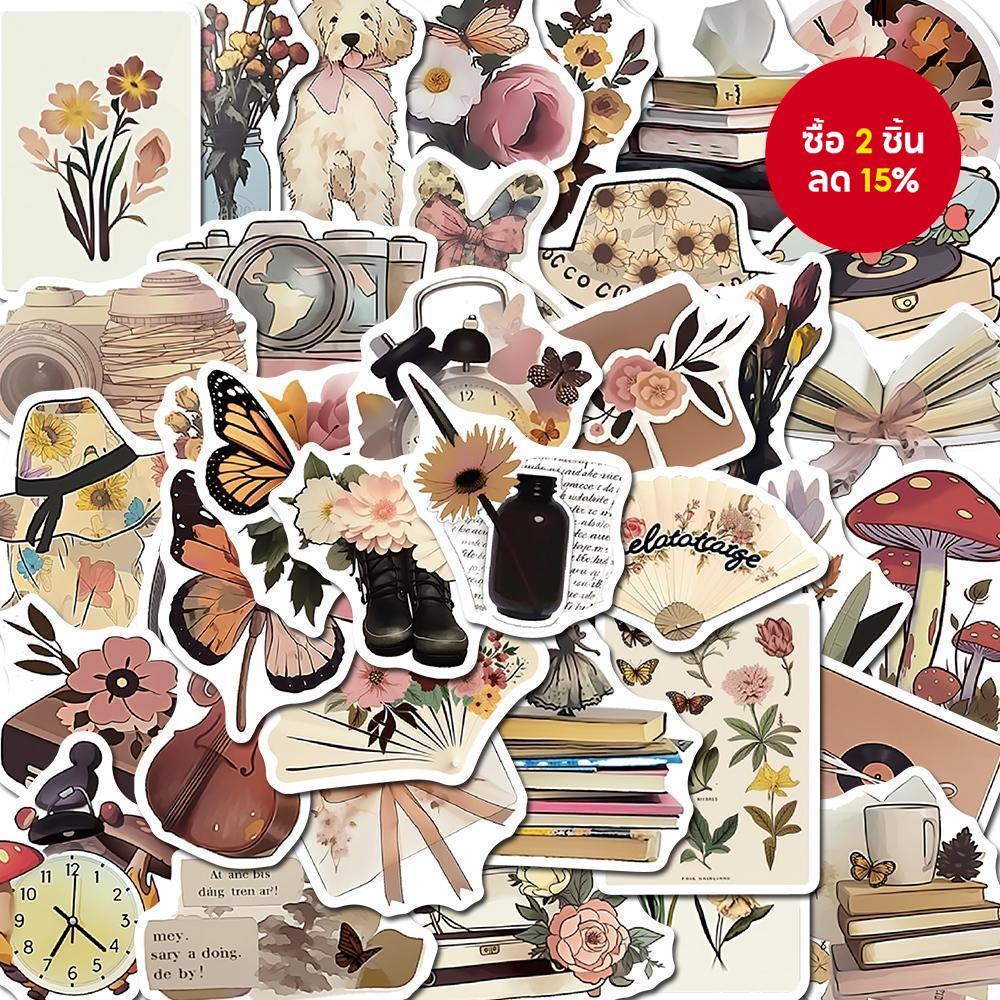 50 ชิ้น Vintage Book & Flower Art สติกเกอร์ - สติ๊กเกอร์กันน้ําสําหรับโทรศัพท์, ถ้วยและ iPad