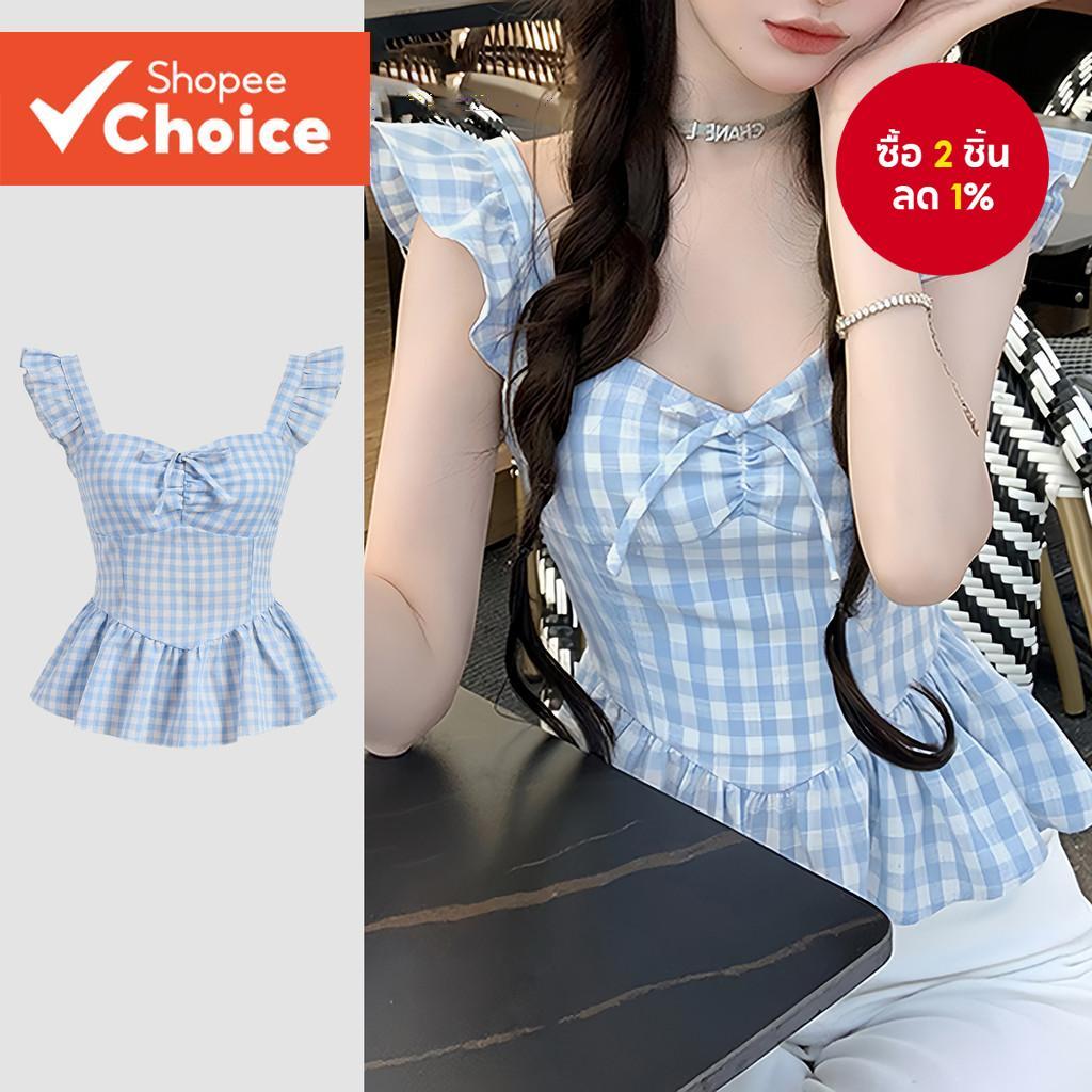 ผู้หญิง Casual Gingham Bow จีบ Ruffle Hem เสื้อ L133AD505